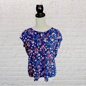 Liz Claiborne Blue and Pink Floral Short Sleeve Blouse in Size Large